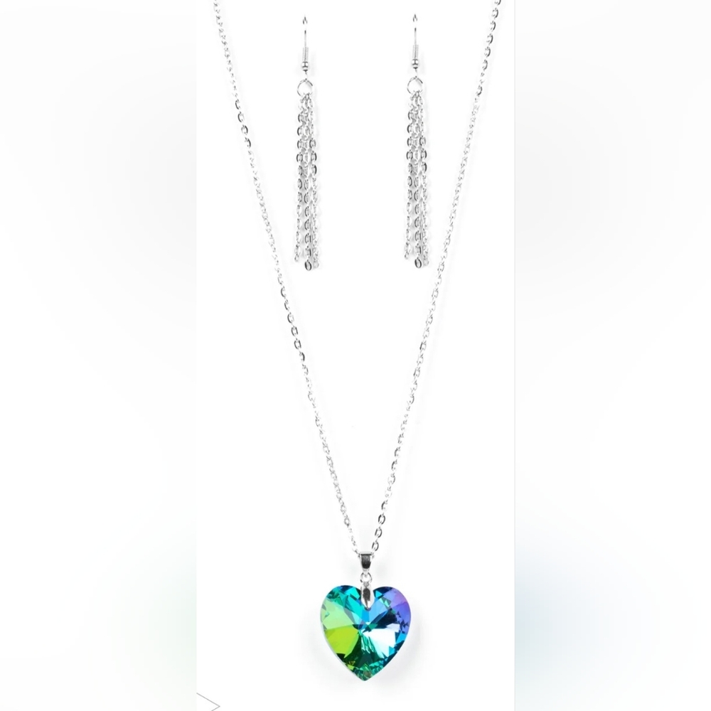 Blue & Green heart pendant, long chain, dangle down chain earrings